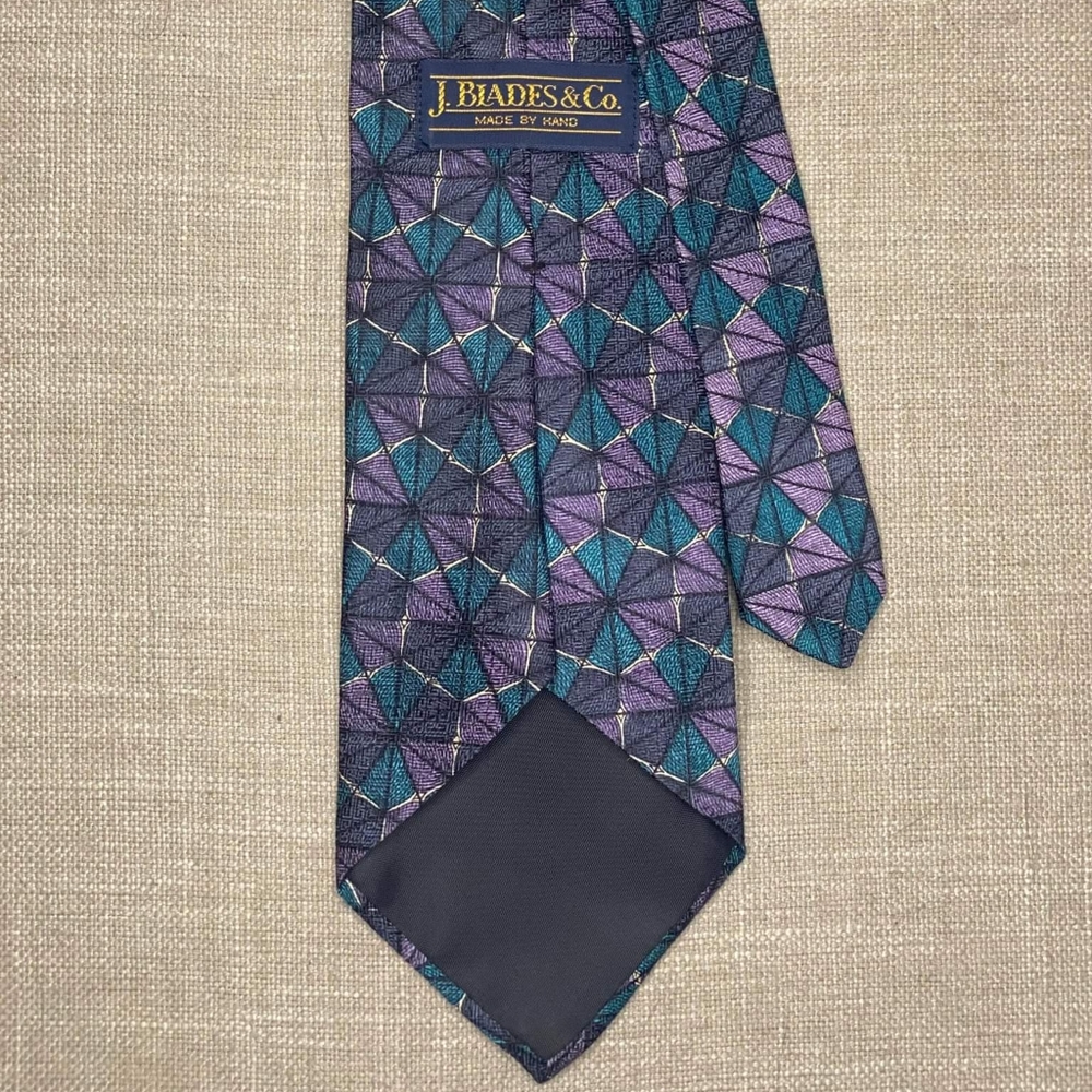 J. Blades & Co. 100% Silk Purple + Teal Geometric Vintage Necktie